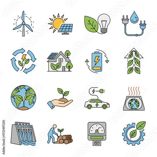 Vector SVG Icon Set of Eco Energy and Sustainability Symbols in Flat Modern Style with Green and Blue Colors for Web and App Design