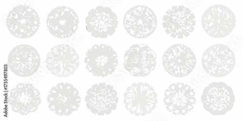 Collection of abstract circular patterns with intricate and delicate designs in light gray on white background