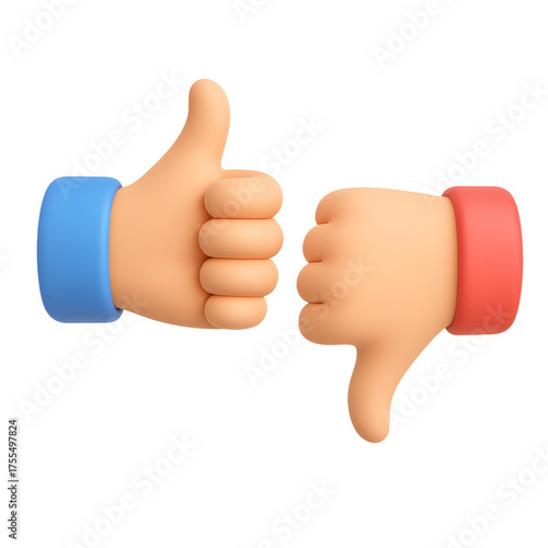 3D thumbs up and down, realistic hands showing like and dislike, isolated on transparent background