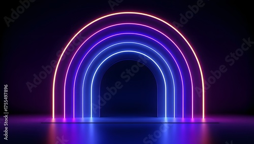 Illuminated archway featuring concentric neon arcs in vibrant blue and pink hues against a dark background