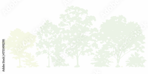 A minimalist silhouette of deciduous trees and evergreen shrubs in soft pastel green and yellow tones against a white background