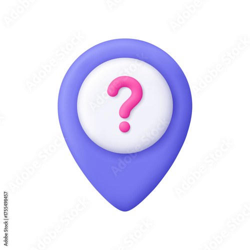 Purple map pin location marker with white circle center and pink question mark. Unknown location, navigation help, searching, GPS navigation, geotag concept. 3d vector icon. Cartoon minimal style.