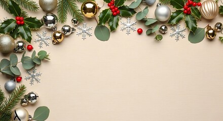 A festive Christmas border arrangement with holly, eucalyptus, pine needles, and ornaments on a neutral background.