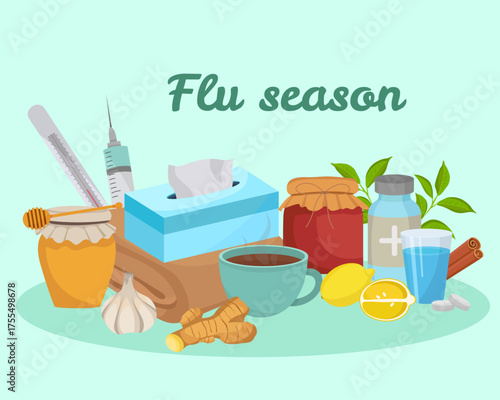 Flu or cold season elements medicine and natural treatment ginger lemon honey injection