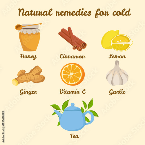 Natural remedies for cold infographics lemon ginger garlic cinnamon honey tea vitamin c
