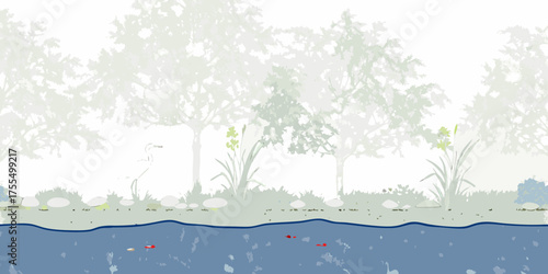 Stylized illustration of a serene lakeside scene with trees reeds and small fish swimming in the water