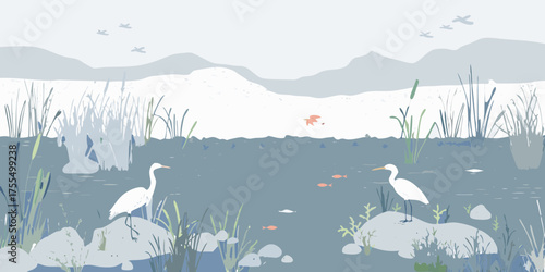 Two elegant white egrets stand on rocks in a serene wetland landscape with fish and birds flying