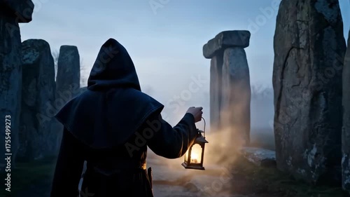 Woman in a hooded cloak with a lantern walking through an ancient stone circle at dawn, pagan ritual and mystery concept footage.