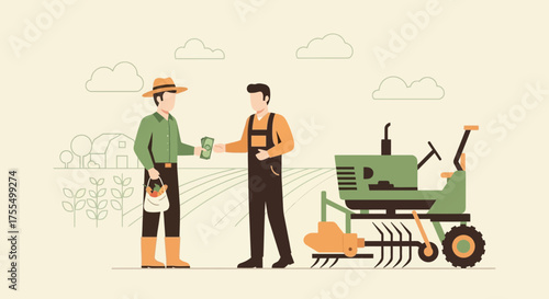 Agricultural Deal: Farmer Paying for Tractor, A Symbol of Rural Economic Interactions