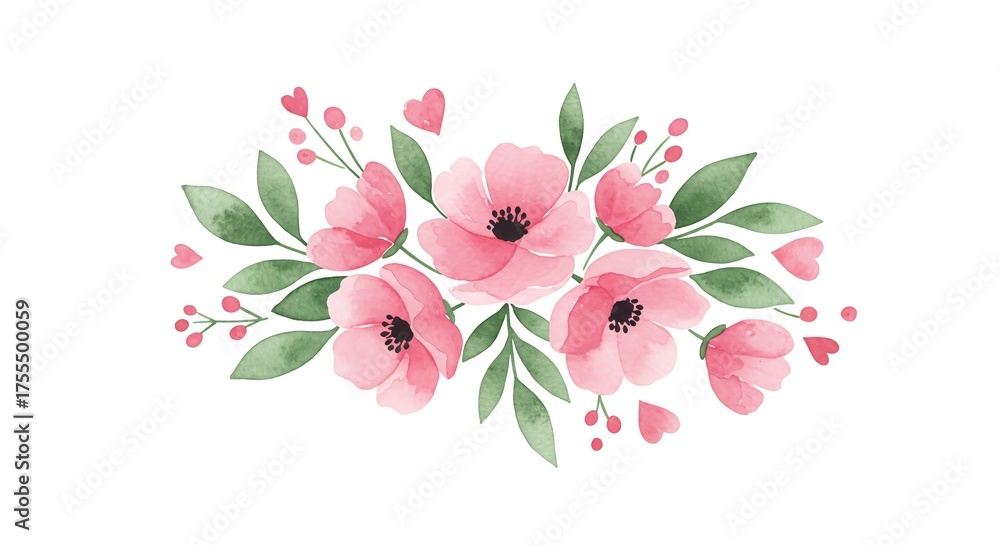 Naklejka premium Delicate watercolor pink floral arrangement with lush green leaves and tiny heart accents, perfect for invitations, cards, and romantic designs