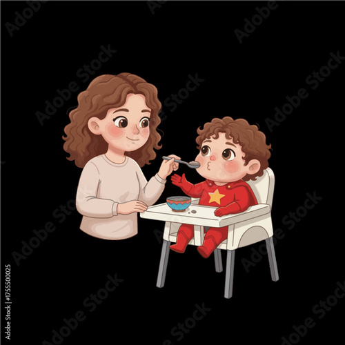 Mom feeding a toddler in a super hero costume