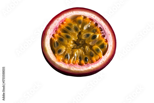 Passion fruit cut in half revealing the juicy yellow pulp and black seeds isolated on transparent background