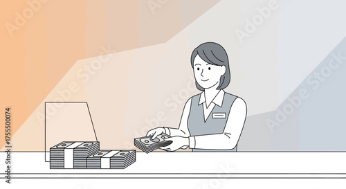 Bank Teller Handling Currency, Showing Financial Transactions, and Money in Stacks