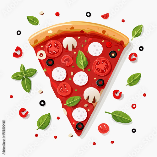 Delicious pizza slice with fresh ingredients isolated on white background