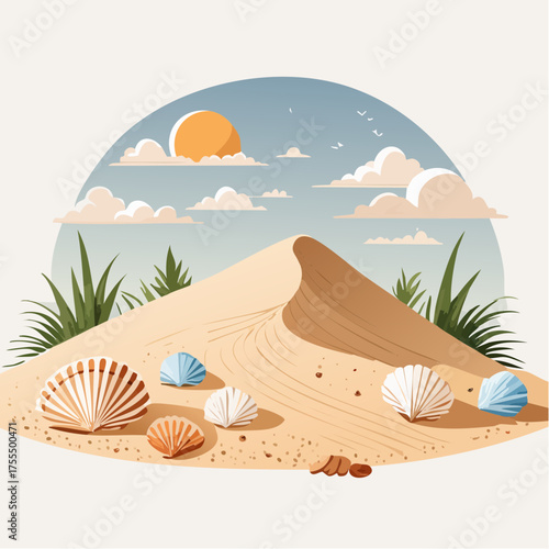 Desert dune with seashells under sunny sky illustration