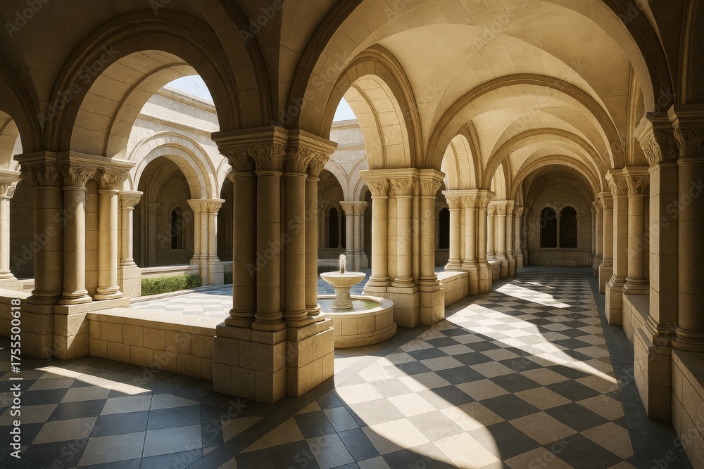 Obraz premium Ancient stone cloister with arches and fountain lit by natural sunlight in classical architectural style courtyard background. Ai generative