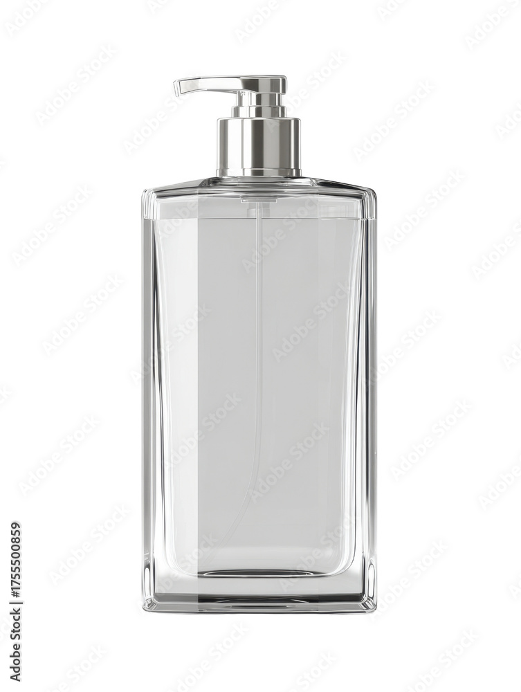 Fototapeta premium Rectangular Clear Glass Bottle with Silver Pump Dispenser and Clear Liquid transparent container