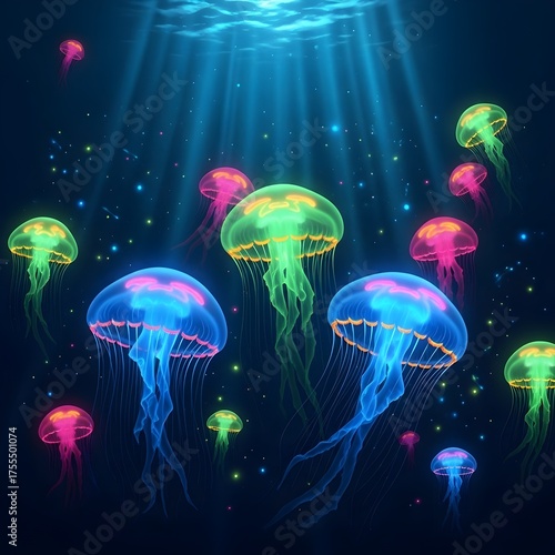 Glowing jellyfish gracefully swim in the deep blue ocean water world