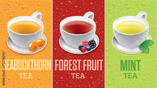 Different hot tea cups. Teacup with fruits tea, sea buckthorn tea, mint tea. Background with many water drops banner	
