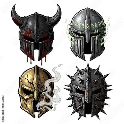 A collection of four illustrated fantasy warrior helmets, including horned, runic, cracked, and spiked designs.
