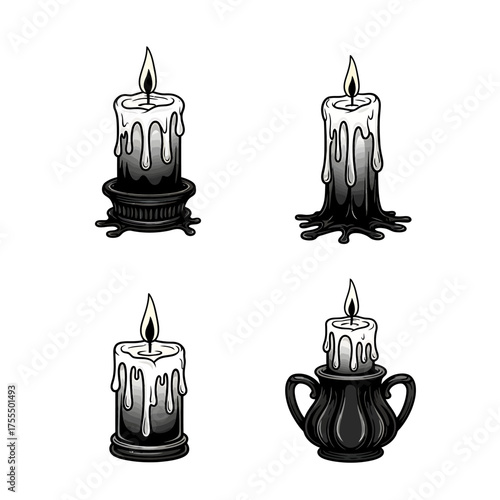 Four detailed illustrations of lit candles, each with unique designs and varying amounts of melted wax.