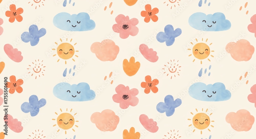 Fototapeta premium Whimsical watercolor pattern featuring smiling suns, happy clouds, and cheerful flowers creates a delightful, playful backdrop for children's designs and joyful projects.