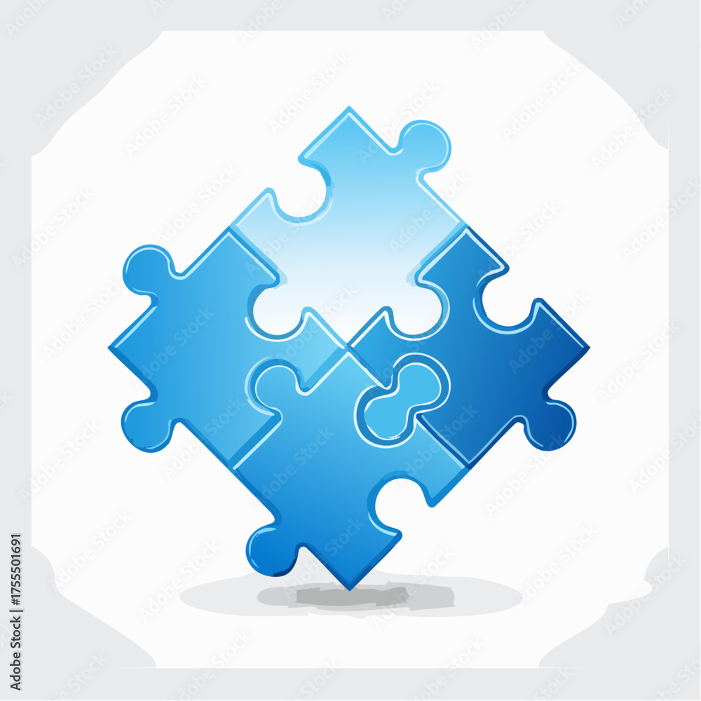 Fototapeta premium Four blue puzzle pieces interlocking symbolizing connection and solutions
