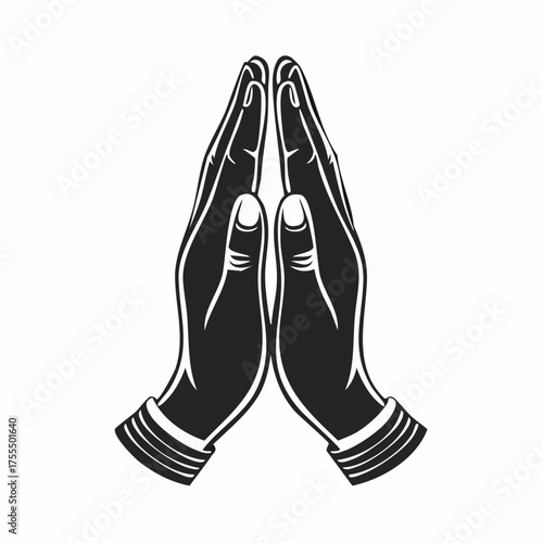 Folded hands in prayer black and white illustration isolated on white