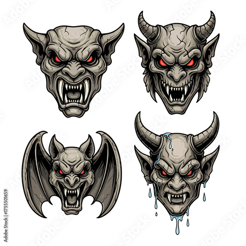 A collection of four detailed vector illustrations of monstrous gargoyle and demon heads with glowing red eyes.