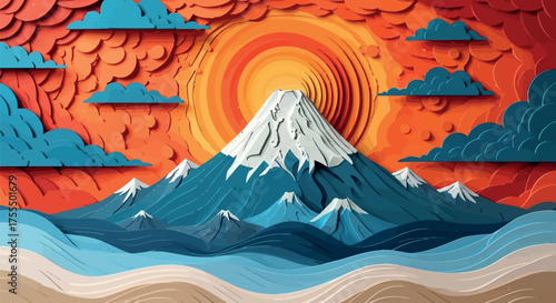 Vector art of mount fuji with rising sun and stylized waves and clouds in paper cut style