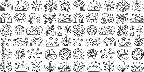 Boho Simple Seamless Pattern. line art icon set, doodle, boho pattern, floral pattern, line art, hand drawn, abstract, rainbow, sun, moon, floral printable.