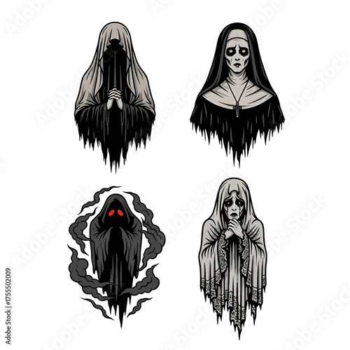 Four illustrations of spooky ghosts and demonic nuns in a dark, gothic style.