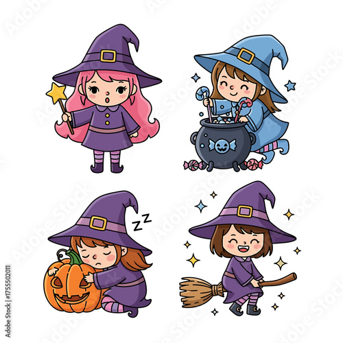 Four cute cartoon little witches in various poses, including holding a wand, stirring a cauldron, sleeping with a pumpkin, and riding a broomstick.