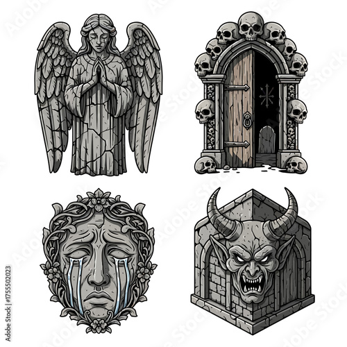 A collection of four gothic-themed stone carvings, including an angel, a skull-adorned doorway, a weeping face, and a demon head.