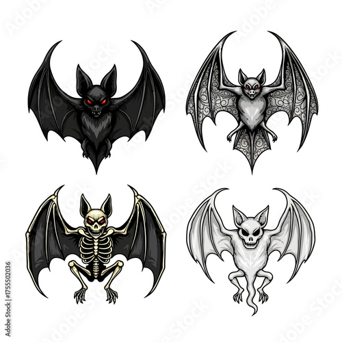 Four stylized bat illustrations, two in color and two in grayscale.