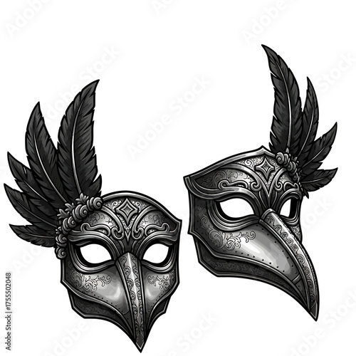 A pair of ornate, metallic raven masks with black feather adornments, illustrated from two different angles on a white background.
