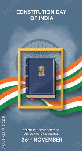 Wallpaper Mural Constitution book Indian flag color ribbon golden frame blue background Ashoka emblem celebrating democracy and justice Constitution Day 26th November Torontodigital.ca