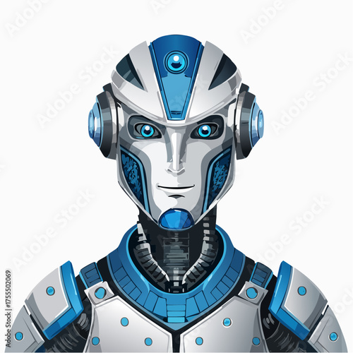 Futuristic robot portrait with blue and silver accents against white background