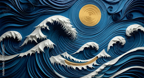 Vector art of paper quilling art depicting a boat sailing on stormy waves under a golden sun