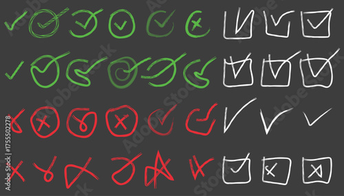 Set of Hand Drawn Check Marks and Crosses on dark background