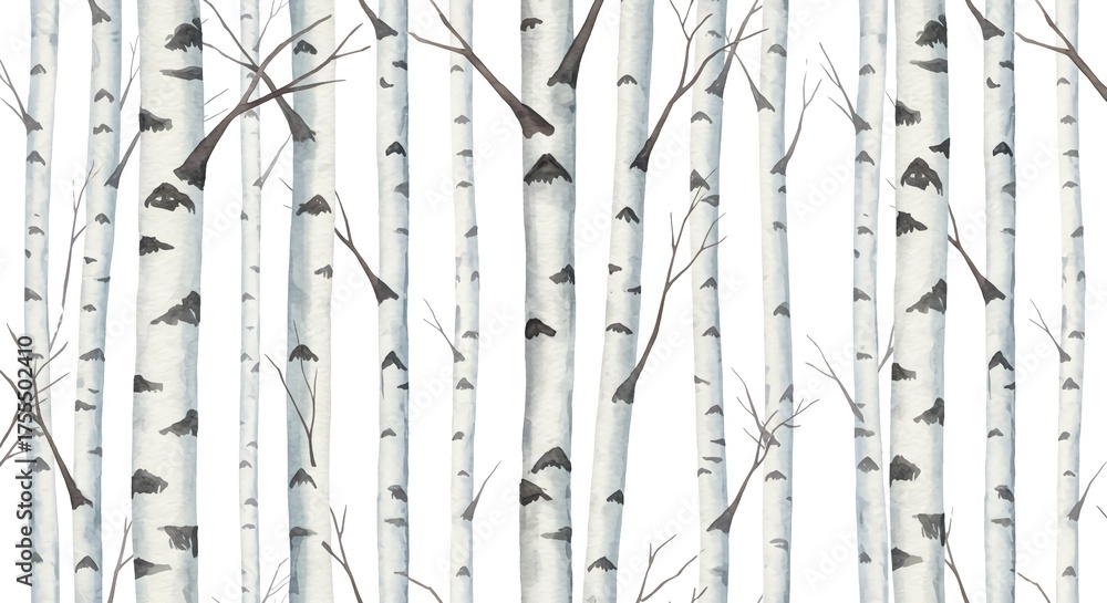 Fototapeta premium Serene watercolor birch tree forest pattern evoking tranquility and natural beauty for calming backgrounds or seasonal decor projects