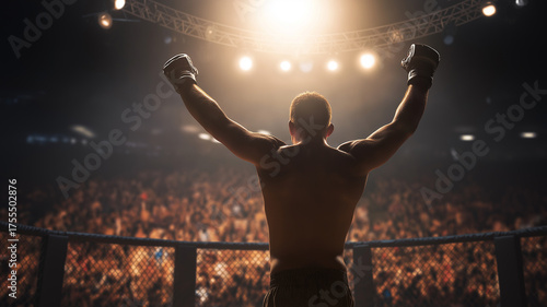 MMA fighter raising arms after victory in octagon cage