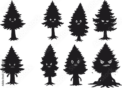 Angry pine tree silhouette illustration, expressive forest faces, emotional nature art, character design set, CAD drawing flat vector illustration