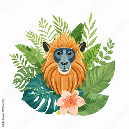 Golden snub nosed monkey with tropical foliage vector illustration