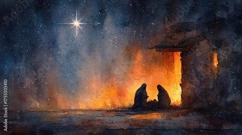 Watercolor Nativity Scene at Night: Mary, Joseph, Baby Jesus in Manger with Bright Star