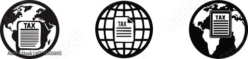 Three icons representing global taxation, featuring the word "TAX" on documents against a backdrop of the Earth and globe.