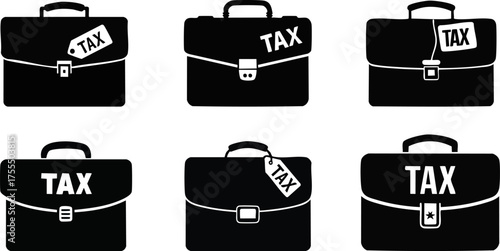 Six black briefcases with "TAX" labels, representing finance, accounting, or tax-related themes, emphasizing business and fiscal responsibilities.