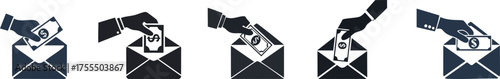 Illustration of hands inserting cash into envelopes, symbolizing transactions, donations, or voting processes.