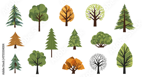 Collection of diverse stylized trees in various shapes, colors, and sizes