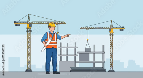 Illustration of a construction site with a foreman overseeing the construction process and crane